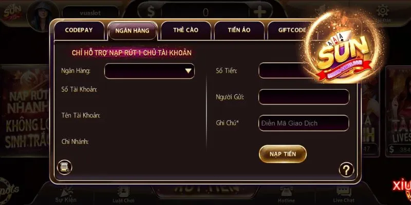 Giao diện nạp tiền Sunwin